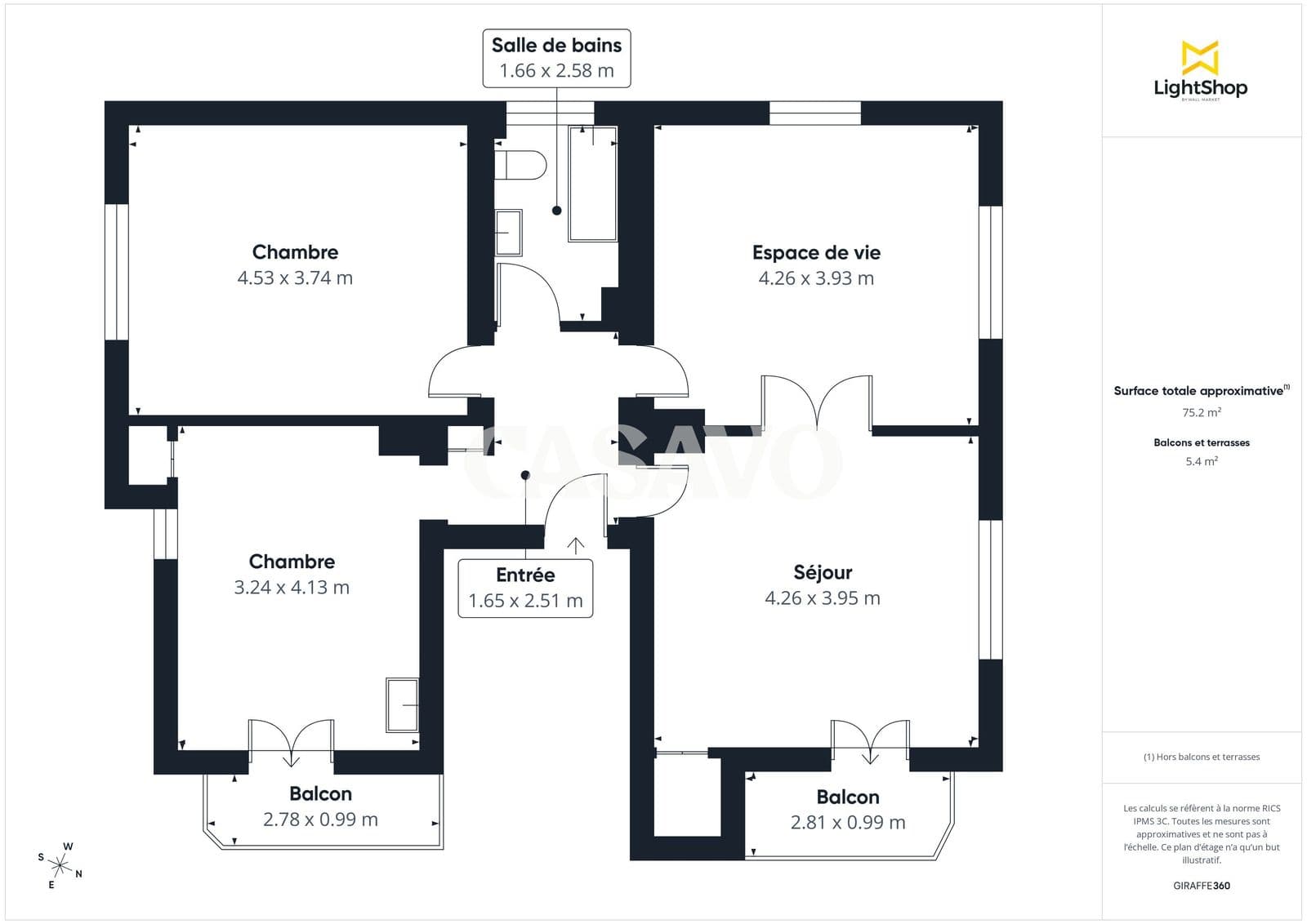 Trois pièces avec double séjour, Neudorf, plan de l'appartement