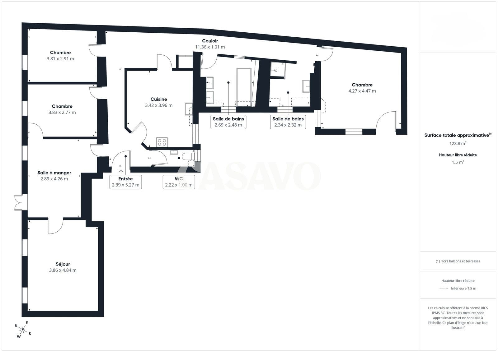 Cinq pièces de 125 m² au centre historique, plan de l'appartement